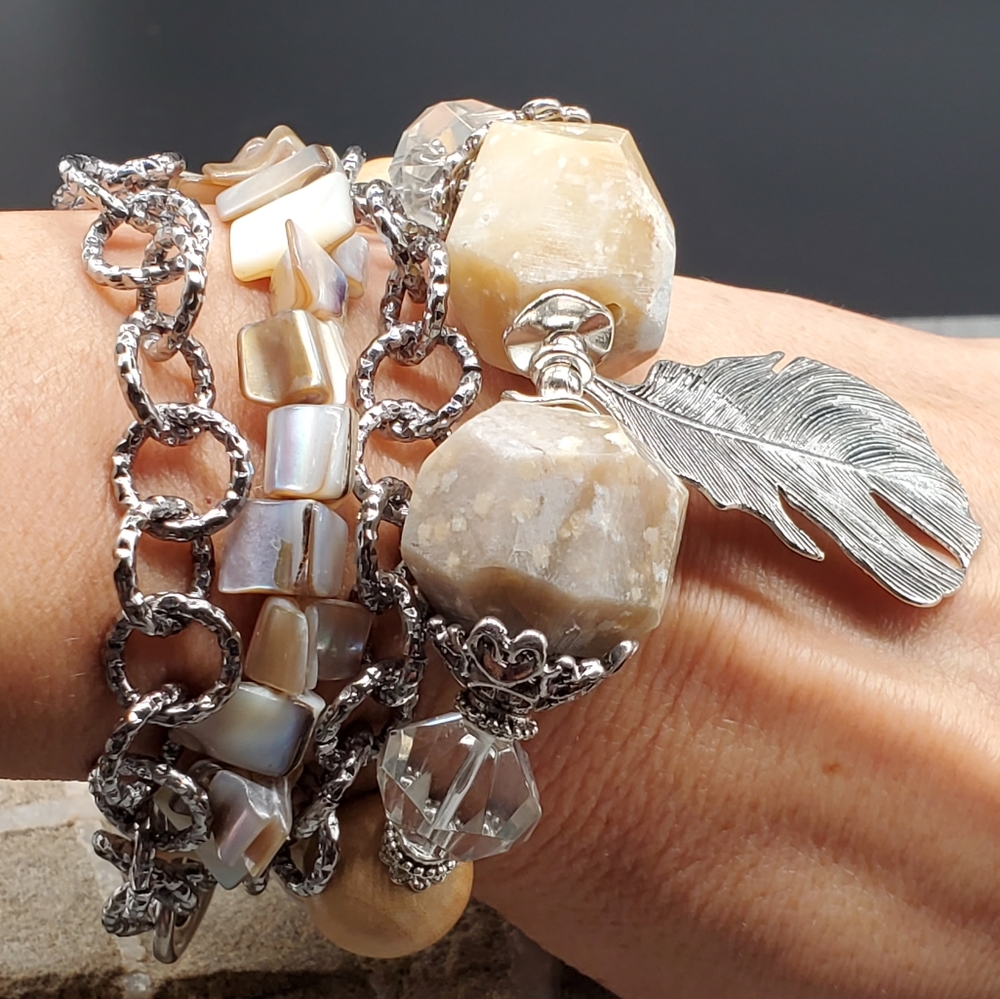 Set Of 4 Genuine Quartz Bohemian Bracelet Silver Leaf Pendant Wood Chain
